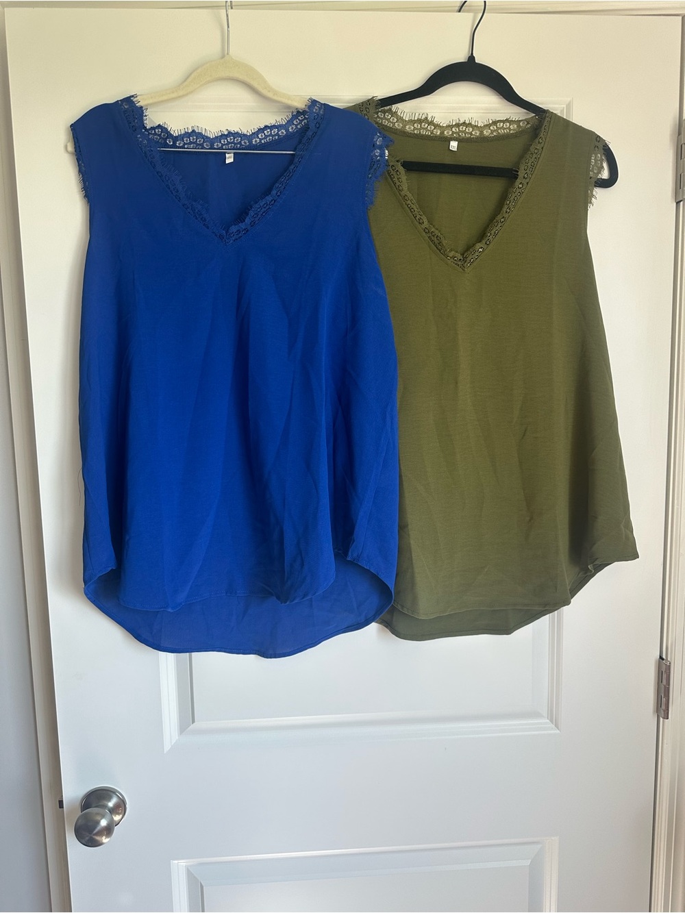 2 Source Unknown Lace-Trim V-Neck Sleeveless Blouse - Blue & Olive